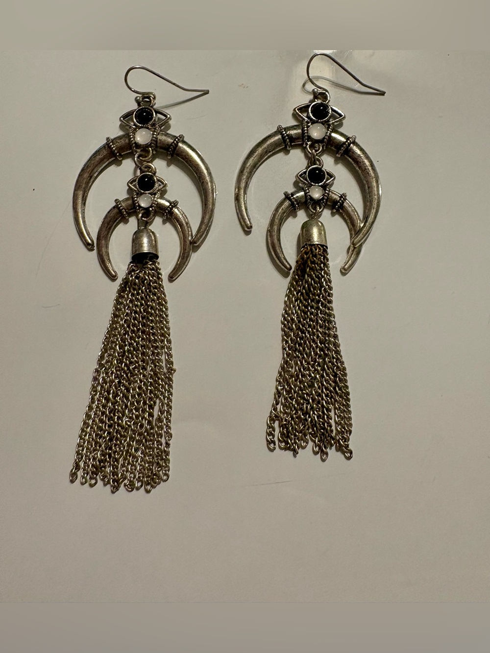 Boho Silver Tassel Crescent Earrings
